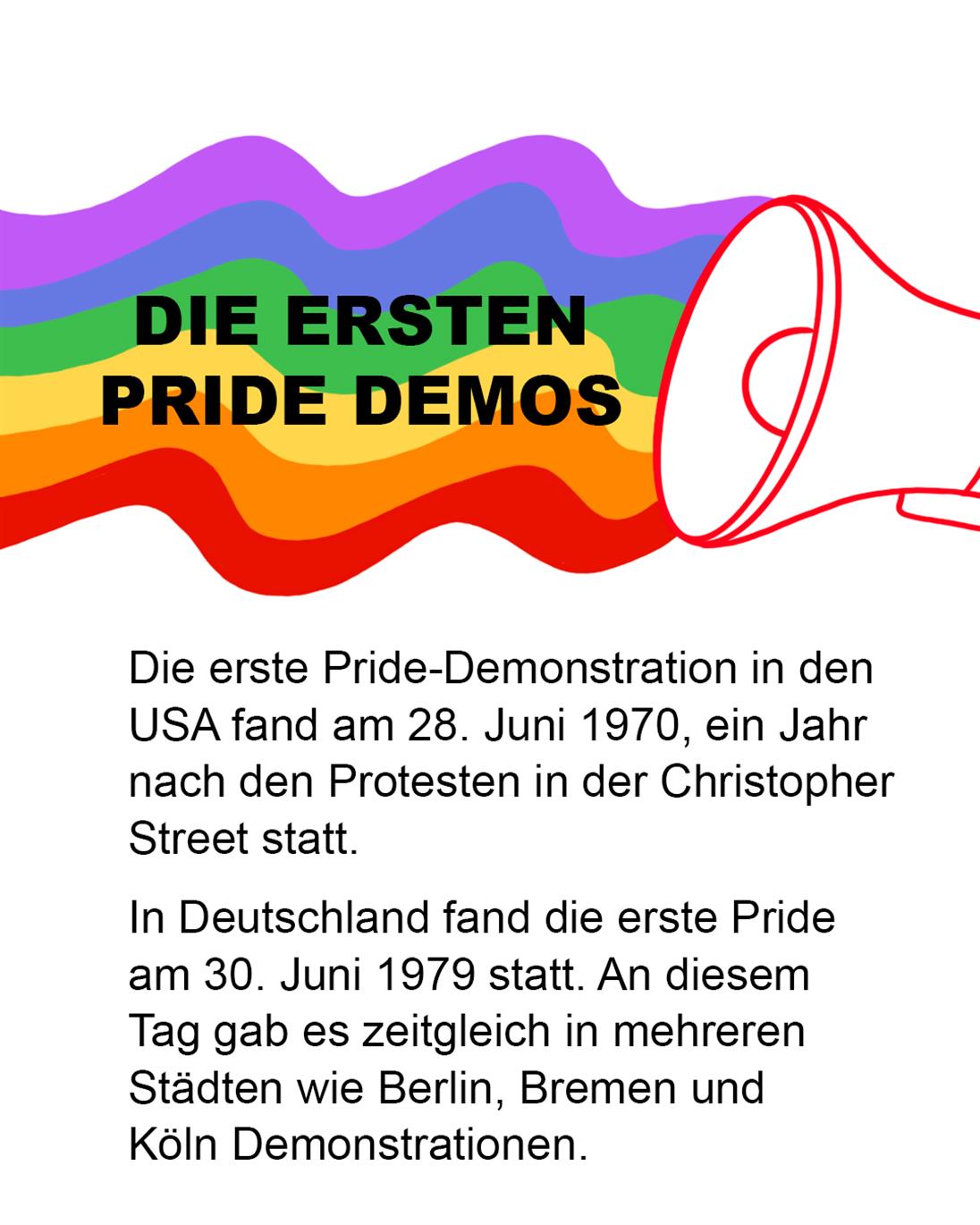Weißer Hintergrund mit rotem Megafon und Regenbogenflagge in oberer Hälfte. Die Überschrrift steht fett in der Pride Flag: "Die ersten Pride Demonstrationen". Darunter steht: Die erste Pride-Demonstration in den USA fand am 28. Juni 1970, ein Jahr nach den Protesten in der Christopher Street statt. In Deutschland fand die erste Pride am 30. Juni 1979 statt. An diesem Tag gab es zeitgleich in mehreren Städten wie Berlin, Bremen und Köln Demonstrationen.